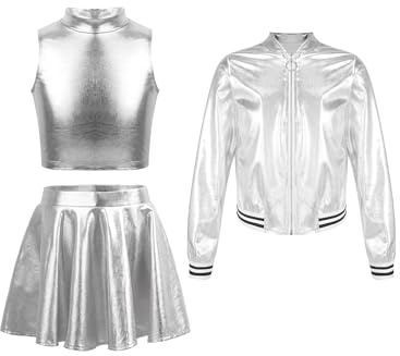 Fldy Mädchen Glitzer Outfit Pailletten Metallic Bomberjacke Crop Top Und Skater Rock Kinder Disco Jazz Tanz Party Festival Bekleidungsset Silber 158-164