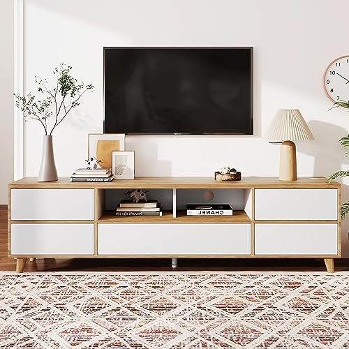 REXO Mueble bajo para TV, mueble de salón en color blanco y madera con compartimentos y puertas de estilo rústico natural.