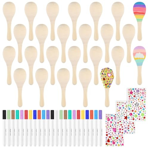 PLULON 15 Pcs Mini Wooden Maracas for Kids Unfinished Wood Maracas Bulk with 15 Pcs Colorful Painting Tools for Fiesta Party Decorations Mexican Party Favors Cinco De Mayo Party Supplies