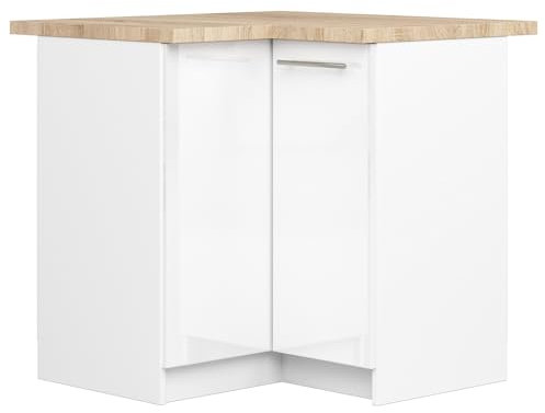 AKORD | Armario de cocina con encimera - Oliwia S90 | Mueble bajo con 2 puertas y 2 estantes | Armario de cocina bajo de 90 cm de ancho | 46x90x85 cm | Blanco | Blanco Brillante