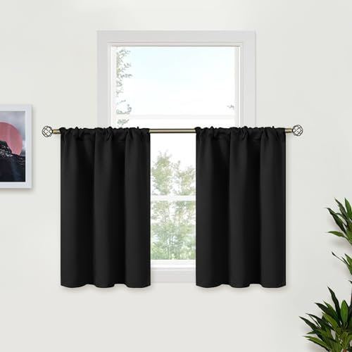 BGment Black Small Curtains 24 Inch Length for Kitchen - Rod Pocket Half Window Drapes for Cafe Bathroom Door Decorative Blackout Blinds Privacy for Rv Camper, 2 Panels, 29 x 24 Inch