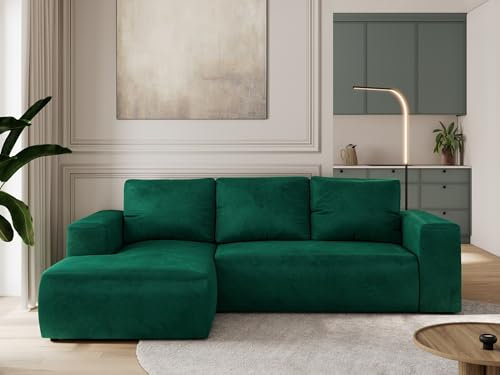 MKS MEBLE Sofa mit Schlaffunktion - Ecksofa mit Schlaffunktion und Bettkasten - Sofa 3 Sitzer - Schlafsofa - Couch - Schlafsofa mit Bettkasten - Trentino L - Dunkelgrün Velvet - Links