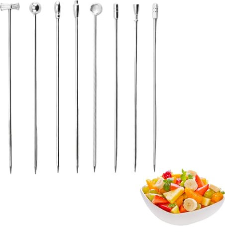 8 Pcs Cocktail Sticks, Stainless Steel Metal Cocktail Sticks, Reusable Cocktail Accessories for Drinks, Works as a Cocktail Stirrers, Fruit Cocktail Stick for Fruit, BBQ, Snack Party Bars