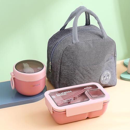 Esilihom Lunch Box Adults, Leakproof Bento Box Set with Lunch Bag, Utensils, Oats Container, for Men Women Student Office School, Food Storage with Fork & Spoon, Pink