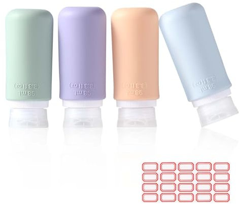 Diboniur Flacon Voyage en Silicone, 4 Pièces Flacon Pompe Vide avec 1 autocollants vierges, Anti-Fuite, Kit Voyage Avion pour Shampoo, Creme, Liquidi e Lotion (98ml)