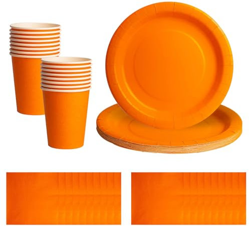 52pcs Orange Disposable Tableware Set - 20 Paper Napkins 16 Cups 16pcs 7inch Paper Plates | Biodegradable Solid Color Orange Dinnerware for Birthdays, Weddings, Kids Adult Christmas Party