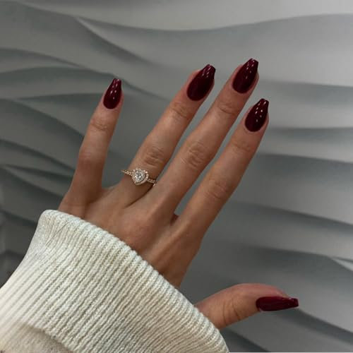 KQueenest Acrylic Press on Nails Short Medium Coffin, Burgundy Red False Nails Short Ballerina, Glossy Natural Solid Color Fake Nails Set, Reusable Gel Stick on Nail for Women Finger Daily Wear 24 Pcs