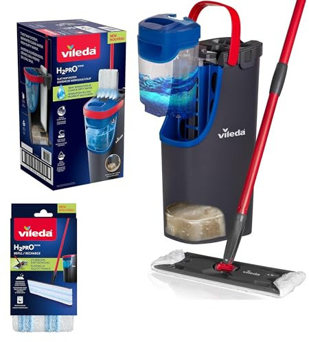 Vileda H2PrO Flat Mop And Bucket Set With 1 Additional Mop Head Refill, 100% Separation of Clean and Dirty Water with Two Tank System, Effortless Wringing, Compact Storage Design, Easy Assemble