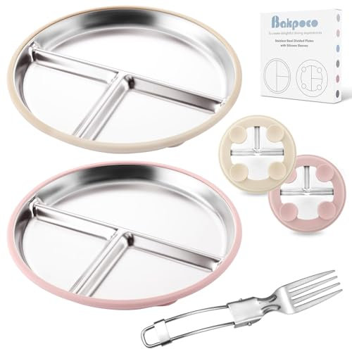 QITIXI:OU Edelstahl Teller Baby - 2 Stück Baby Teller mit Saugnapf, 23CM Edelstahl Saugnapf Tellers, Kinderteller Tellers Menüteller, Rutschfestes Babytablett mit Drei Fächern (Rosa, Beige)