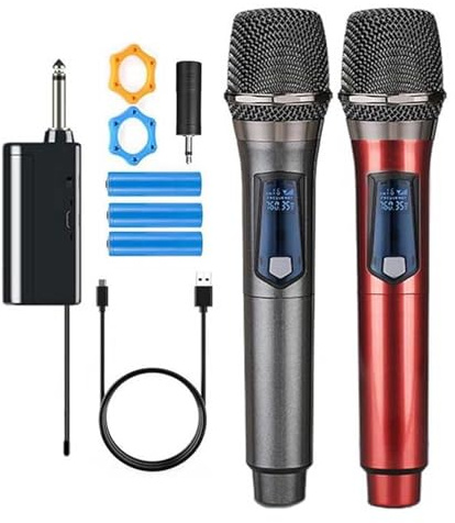 aichilra Wireless Microphone, Handheld Dynamic Microphones with Receiver and 3. 5mm Converter, Rechargeable Wireless Dual UHF Microphones for Karaoke Singing, Wedding, DJ, Party