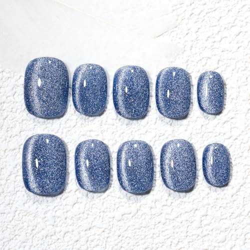 Sun&Beam Nails Handmade Press-on Short Squoval Round Blue Magnet Solid Color Minimalist Design Fashion False Nail Tips 10 Pcs Set (#242 XS)