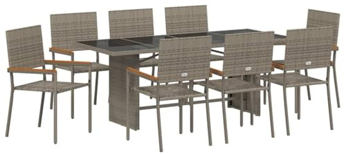 vidaXL Garden Dining Set 9 pcs Grey 190 x 80 x 75 cm Poly Rattan, Garden and Terrace, Modern Dining Set, Rectangular Outdoor Furniture, Alfresco Deck, Luxury Patio, Contemporary Table