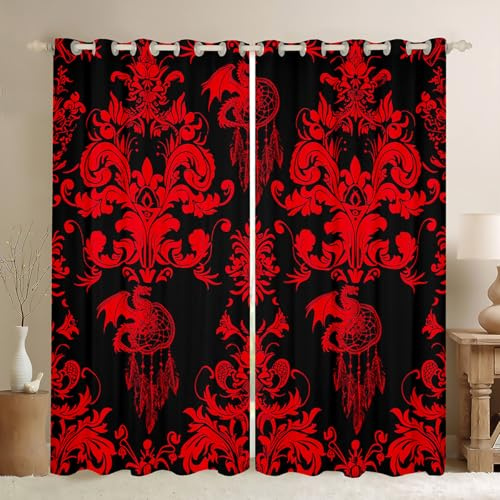 Homewish Gothic Dragon Dreamcatcher Vorhänge 137x117(HxB) Roter und Schwarzer Damask Gardinen DekorExotische Antike Dekor Goth Fenstervorhang Kinder,Boho Vintage Floral Vorhänge 2 Paneele dekor