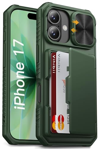Vihibii für iPhone 17 Case Wallet with Card Holder (4 Cards), Slide Camera Cover, Stoßfeste TPU Silikon Schutzhülle, RFID Schutz Hard Rugged Handyhülle für iPhone 17 6.3 Zoll 2025, Grün