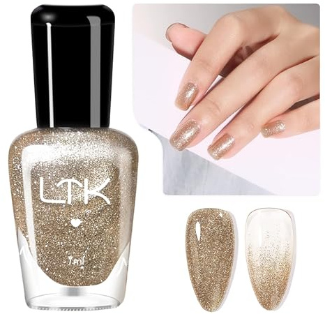 Glitter Nail Varnish, Clear Gold Glitter Nail Polish, Quick Drying & Long Lasting Gold Sparkle Shimmer Flash Shinny Diamond Holographic Gel Polish, Nail Paint Sequins Nail Art - No Need Cure