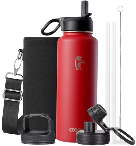 Coolflask 1.2L Insulated Water Bottles with Straw & 3 Leakproof Lids | Water Flask Stainless Steel Triple-Wall Vacuum, Cold 48+h/Hot 24+h, Dishwasher Safe, BPA-Free, Carrier Bag, for Gym,Hiking