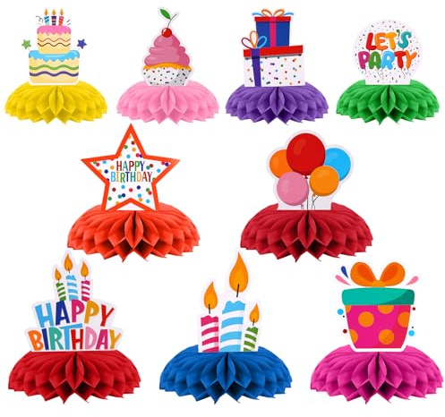 OSDUE 9 Stück Geburtstag Tischdeko, Bienenwaben Deko Tischaufsätze Set, Happy Birthday Deko für Männer und Frauen, Farbe Tischdekoration