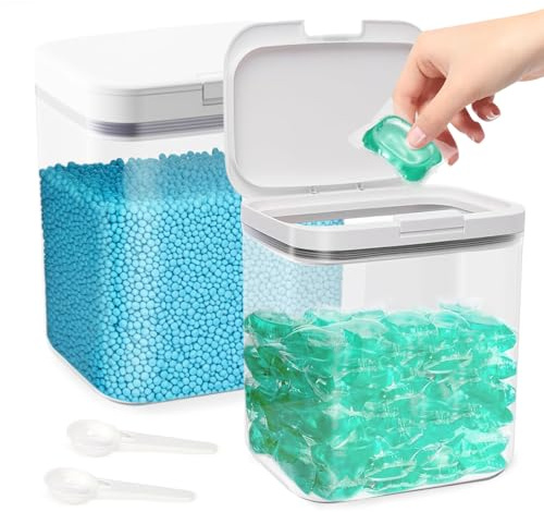 Mannicix Waschmittel Aufbewahrung 2 × 2L, Waschpulverbox mit Druckdeckel | Waschmittelbox für Pulver aus Kunststoff mit Dichtungsring und Löffel für Waschpulver, Duftperlen, Wäsche Pods und Booster