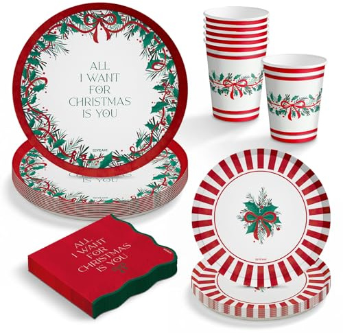 OH YEAH Einweggeschirr für Weihnachten, 6 Personen, All I Want For Christmas, 38-teilig - Teller, Becher, Servietten und Tischdecke - Weihnachtsdekoration - Design Stechpalme und rote Schleifen