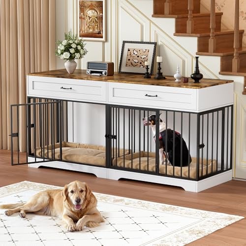 Gabbia per Cani Kennel, Casetta per Cani da Interno, 178CM Gabbietta per Animali in Legno e Metallo, XXL Cuccia Robusta per Dog con Divisorio & 2 Cassetti,Casetta per Animali,4 Porte,Fino a 100KG