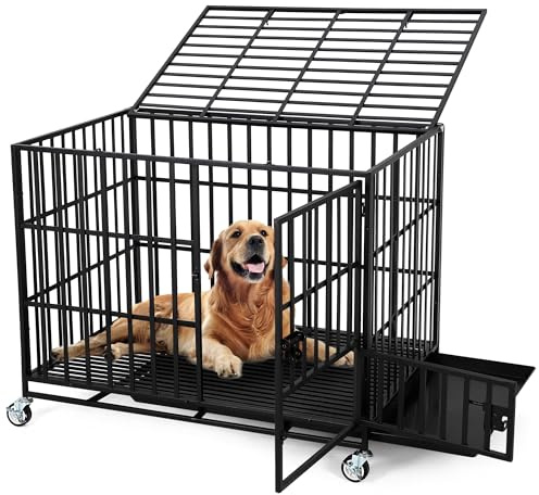 137cm Schwerlastiger Hunde-Käfig Aus Metall Mit 3 Türen, Ausbruchssicherer Innen-Transportkäfig Mit Rollen & Ablagewanne, Extra Große Box Für Große Hunde, Leicht Zu Reinigen (Schwarz)