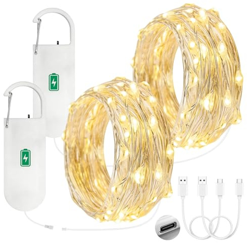 Bigzom Guirnalda de Luces con Batería Recargable, 2x50LEDs Guirnalda de Luces 5M con Cable de Carga USB, Guirnalda USB para Decoración de Interiores Fiestas Bodas Navidad (Blanco Cálido, 2 Piezas)