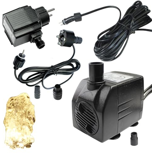 Arnusa Springbrunnenpumpe mit 1x LED Quellsteinbeleuchtung warmweiß Spot Teichpumpe Wasserpumpe Bachlaufpumpe 12V IP44 Steckernetzteil (450 l/h)