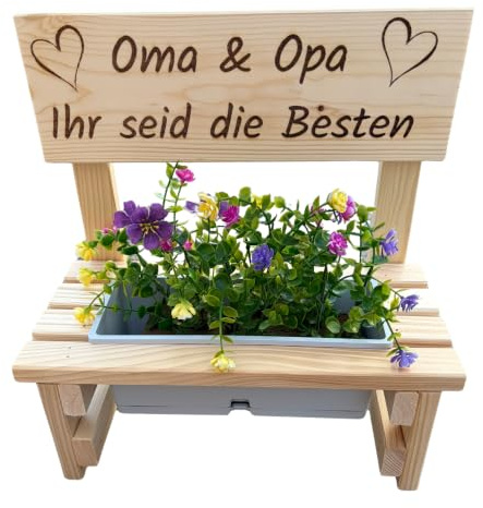 Blumenbank aus Holz mit Gravur,Dekorative Pflanzbank mit Blumenkasten,Geschenk für Mama,Oma,Opa–Gartenbank für Balkon&Terrasse, Outdoor Muttertag (Oma & Opa Ihr seid die Besten)