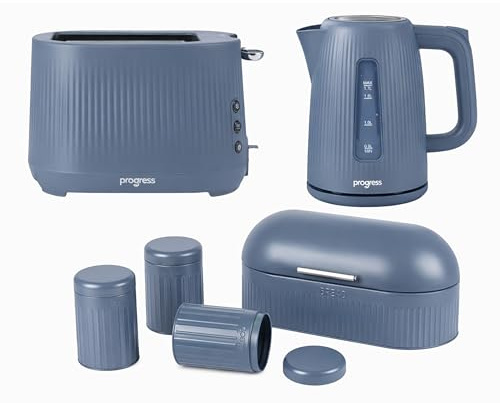Progress Mellow Kitchen Set – 1.7L 3000W Rapid Boil Kettle with 360° Base, 2-Slice Toaster with 7 Browning Controls & 4 Piece Bread Bin, Tea, Coffee & Sugar Storage Canister Set, Blue