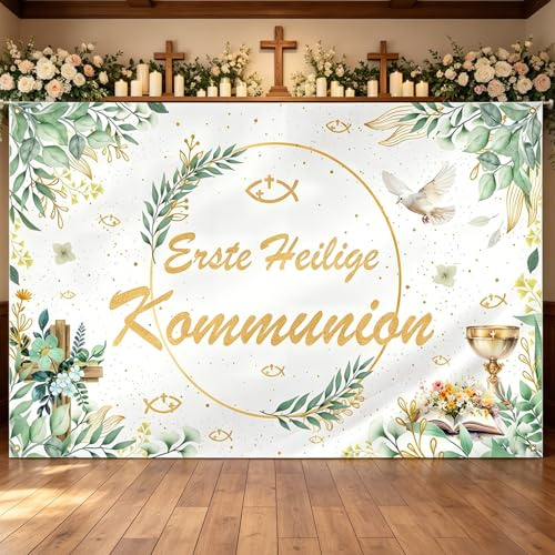 180 x 110 cm Erste Heilige Kommunion Deko Banner, Erstkommunion Dekoration Grün Hintergrund, Banner Polyester, für Taufe Party Erstekommunion Dekor Innen- und Außenbereich