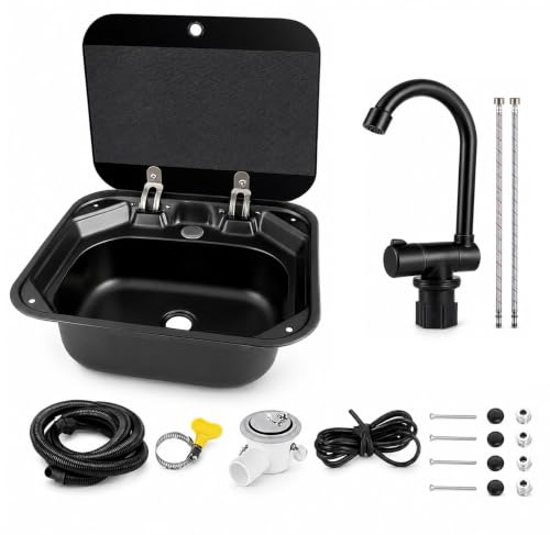 Fregadero para Autocaravana con Grifo Plegable, Fregadero de Acero Inoxidable para Cámper, Kit de Cubeta de Preparación para Furgoneta, Barco, Yate o Cocina Exterior