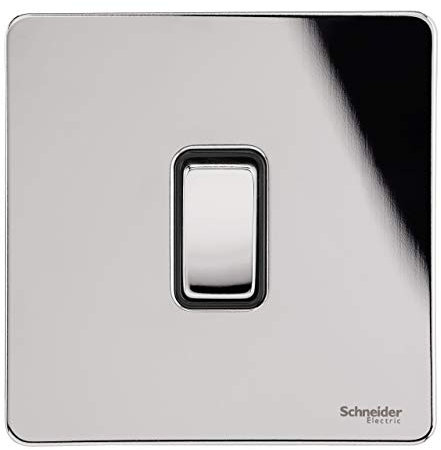 Schneider Electric Ultimate einzelner Kippschalter, schraubenlose flache Platte, 2-Wege-Lichtschalter, einpolig, 16AX, GU1412BPC, poliertes Chrom mit schwarzem Einsatz