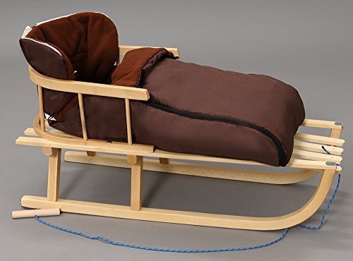 Holzschlitten Kinderschlitten Rodelschlitten Schlitten Klassischer aus Buchenholz mit Rückenlehne mit Winterfußsack aus Holz 90cm | 10 Farben (Braun)