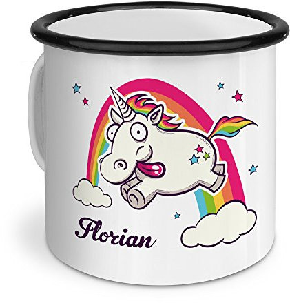printplanet Emaille-Tasse mit Namen Florian - Metallbecher mit Design Verrücktes Einhorn - Nostalgie-Becher, Camping-Tasse, Blechtasse, Farbe Schwarz