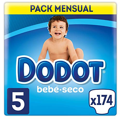 Dodot Pañales Bebé-Seco, Talla 5 (11-16 kg), 174 Pañales + Regalo de 1 Pack de 10 Toallitas Aqua Pure 99% Agua,Una Noche Hasta Un 100% Libre De Fugas, Pack mensual