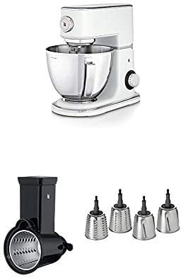 WMF Profi Plus Küchenmaschine, 1000 W, Cromargan-Rührschüssel 5 l, planetarisches Rührwerk, 8 Geschwindigkeitsstufen, metal white + Profi Plus Gemüseschneider, 4-teilig, Cromargan Edelstahl