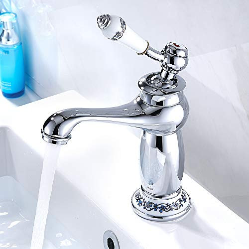 Mitigeur Lavabo Laiton Céramique Noir et Blanc en Porcelaine À Long Cou Vintage Floral avec Entrée d'Eau Froide/Chaude pour Cuisine et Salle de Bain (Chromé)