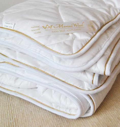 Merino Wolle Bettdecke Schurwolle Übergang Sommer-BETTDECKE, Mittelschwer 4 tog,Warm, 100% Merino-Schurwolle 100% Baumwolle (220 x 240 cm)