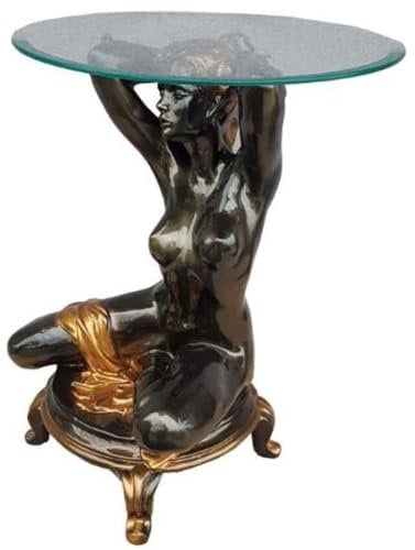 Casa Padrino Jugendstil Beistelltisch kniende Frau Schwarz/Gold Ø 45 x H. 63,5 cm - Eleganter Tisch mit runder Glasplatte - Wohnzimmer Möbel