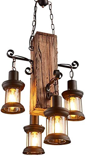 GHY Lampara Techo Vintage Industrial Madera Cuerda Rustica Retro Lampara Colgante Dormitorio Lámparas de Araña Habitacion 4 Heads