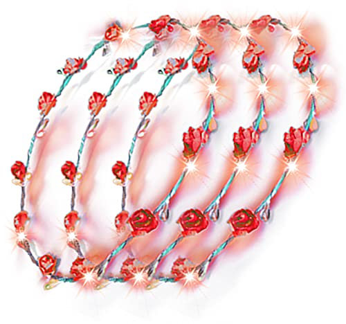 LED Blumenkranz Silvester Haarschmuck Blumen Stirnband Kranz Haarband Damen Blumendekor Kopfschmuck für Hochzeit Party Leucht (Rot 3x)