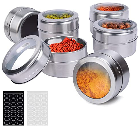 SZILBZ Spice Jars 6 Set, Stainless Steel Transparent Top BBQ Spice Tin Magnetic Storage Containers Stick on Refrigerator and Grill, with 48 Spice Stickers