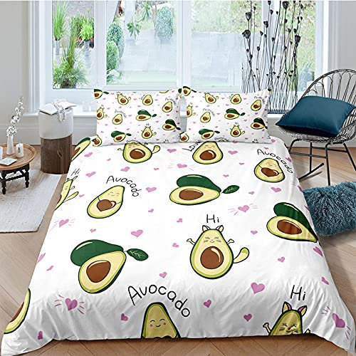 Bettwäsche 135x200 cm Weiß mit Avocado Muster, Bettwäsche Set 2 Teilig Sanfte Mikrofaser Bettbezug mit Reißverschluss und 1 Kissenbezug 80x80cm