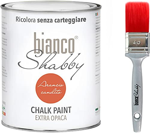 bianco Shabby Pintura a la Tiza para Todas las Superficies - 1 L Chalk Paint Arancio Candito + Brocha 40mm para Muebles de Madera - Interior & Exterior