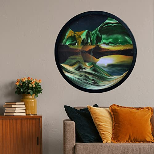 ROUOHUD Bewegtes Sandbild 3D, Bewegliche Sandkunst Bild Rund Glas Tiefsee In Bewegung Display Fließender Sand Rahmen, 360° Paralleldrehung, Wand Deko Wohnzimmer Schlafzimmer(Size:11.4IN,Color:E)