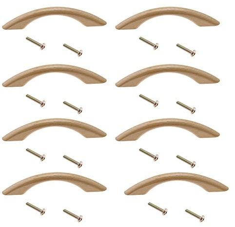 eMagTech Lot de 8 Poignées d'armoire en Bois de Hêtre avec Vis Poignées de Meuble Bouton de Porte pour Tiroir Armoire Commode Distance de Trou de 96 mm