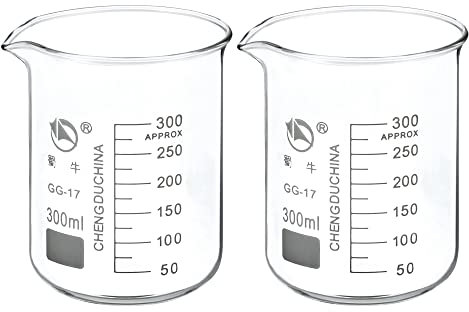 PATIKIL 300ml Low Form Glass Beaker, 2 Pack 3.3 Borosilicate Glass Graduated Printed Scale Measuring Cups with Spout for Kitchen Lab Liquids Transit Boiling