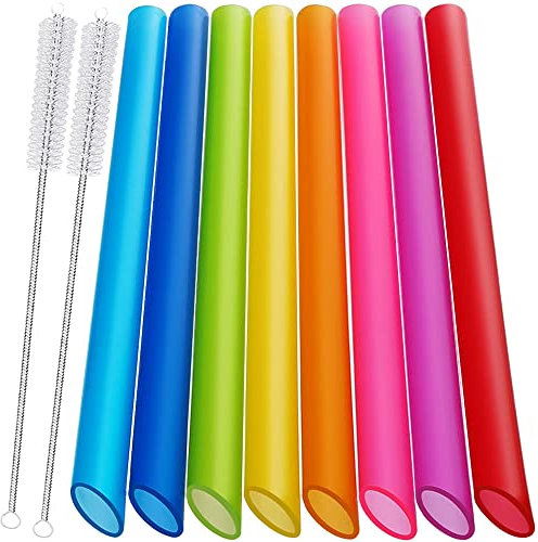 8 Pièces Pailles en Plastique Pailles Réutilisables Paille Bubble Tea Pailles Colorées Pailles Épaisses Paisses Réutilisables avec 2 Brosses de Nettoyage pour Smoothie, Thé à Bulles