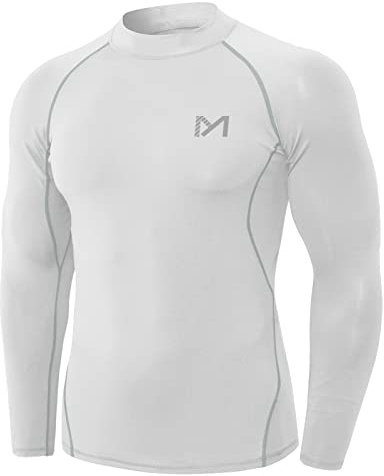 MEETYOO Men’s Compression Base Layer, Men Top Long Sleeve T-Shirt Sports Gear Fitness Tights for Running Gym Workout White