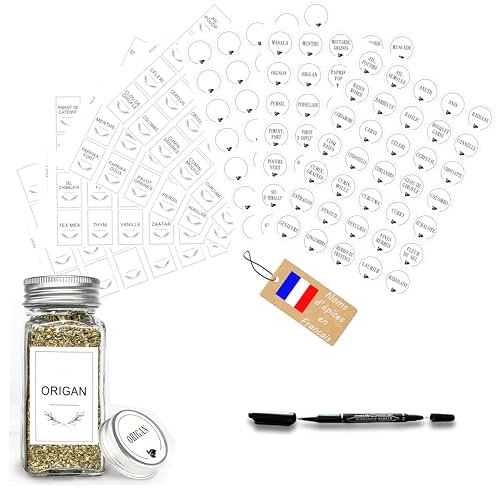 Étiquettes Épices Français pour Bocaux – 200 Stickers Autocollants Blancs – Rondes & Rectangulaires – Marqueur Noir Double Pointe Inclus – Cuisine Organisée